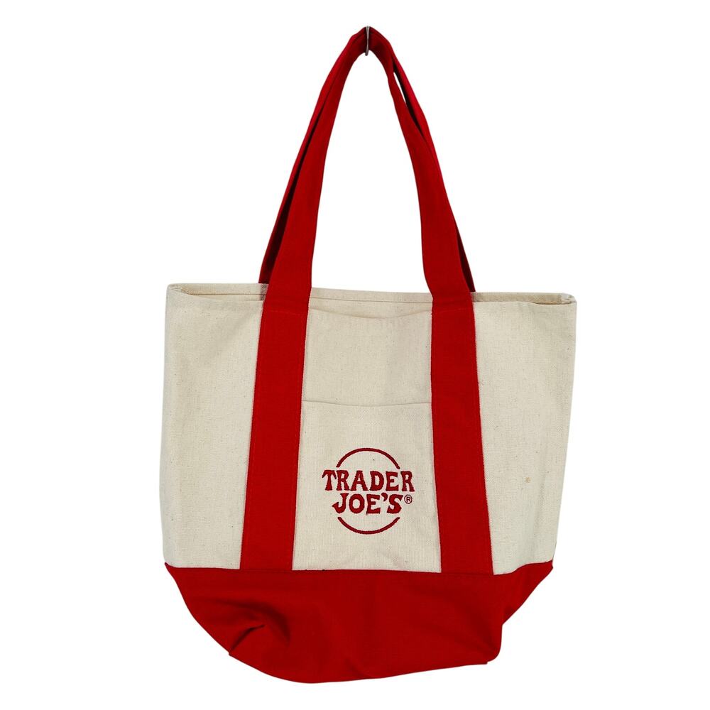 Trader Joe's Mini Canvas Tote Bag Red Cream Embroidered Logo Reusable